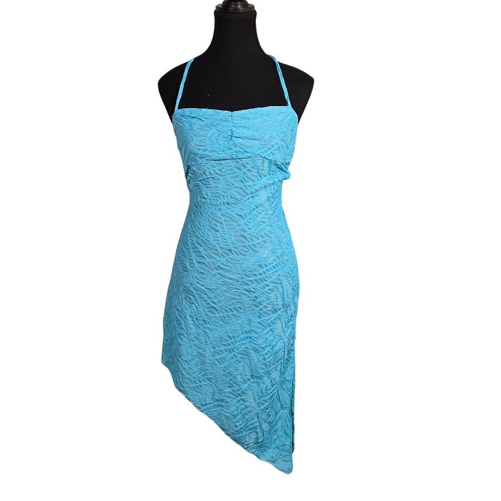 NWOT | Turquoise Textured Halter Neck Asymmetrical Hem Mini Dress | Small
